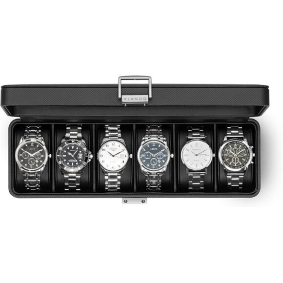 Vlando Mens Watch Box 6 Slot Leather Display Case Lockable Glass Lid Black - Picture 1 of 7